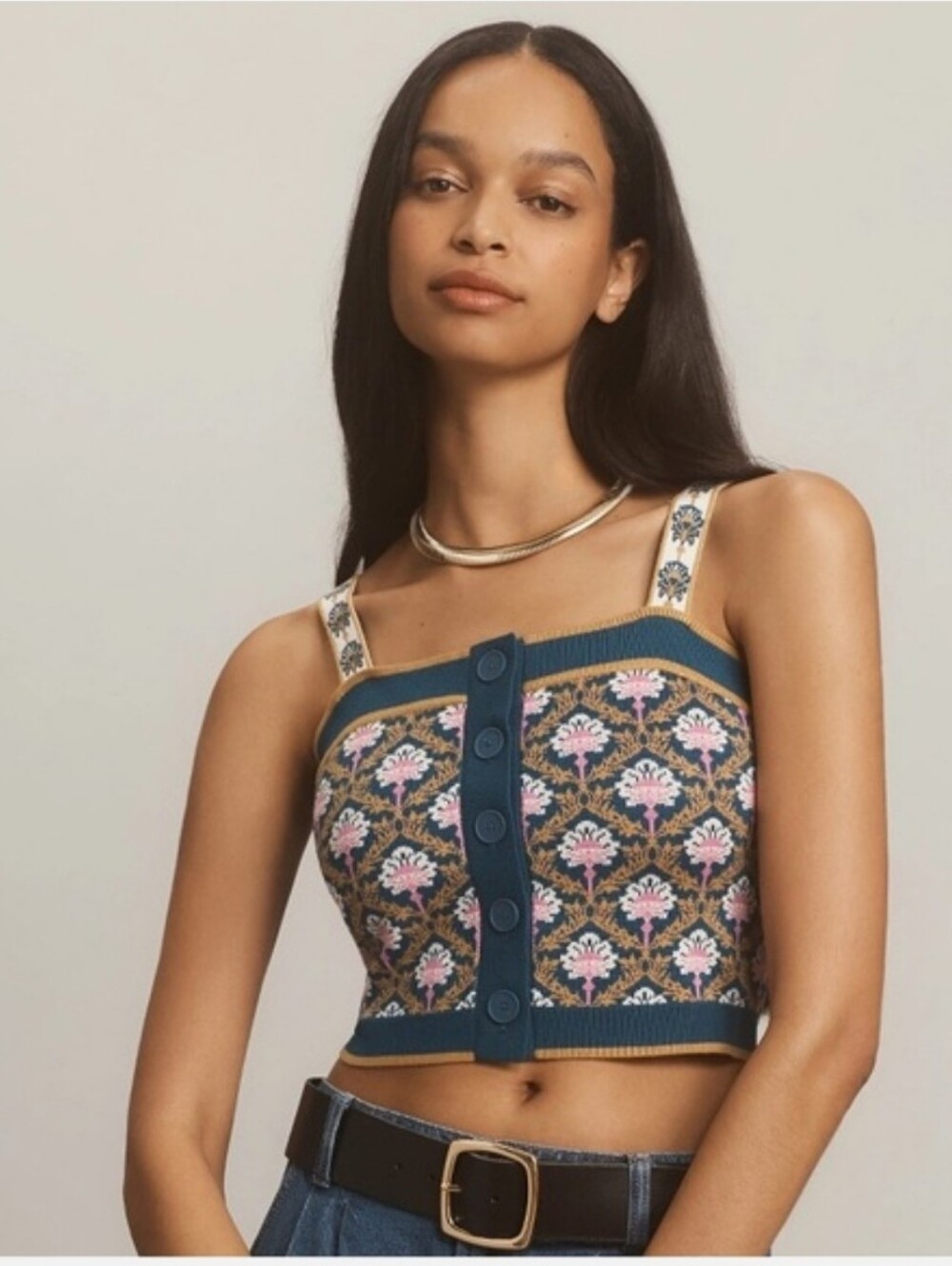 Maeve by Anthropologie Floral Tapestry Knit Square Neck Crop Sweater Tank Large